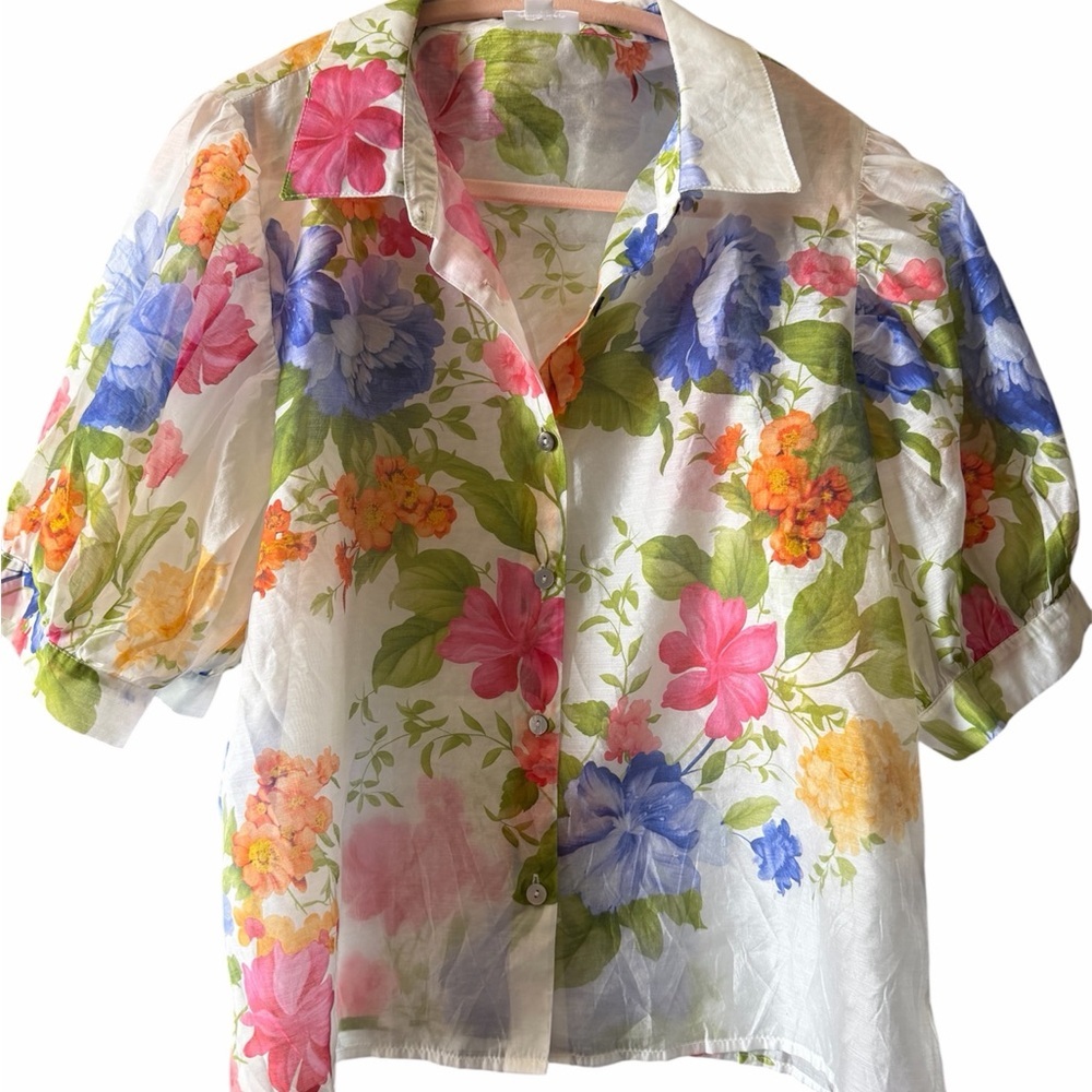 Bailey 44 White Button-Down Blouse with Pink, Blue & Yellow Floral Print - Picture 2 of 7